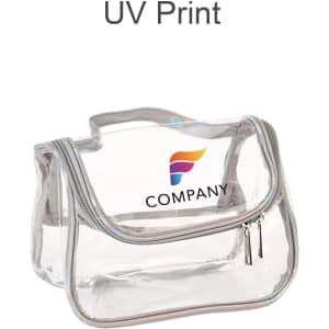 A clear waterproof cosmetic bag with a silver trim and a branded logo on the front.