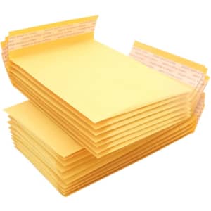 A stack of small padded bubble envelopes in yellow, featuring peel-and-seal closures and a branding logo.