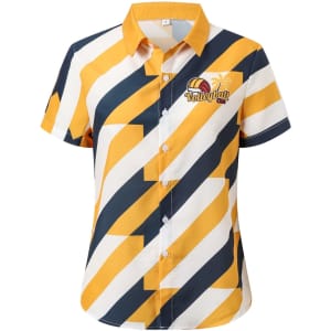 A button-up women's shirt in yellow and navy blue with bold striped patterns and a logo featuring beach elements.
