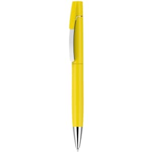A yellow pen with a silver clip, featuring a sleek design. It has a branding logo.