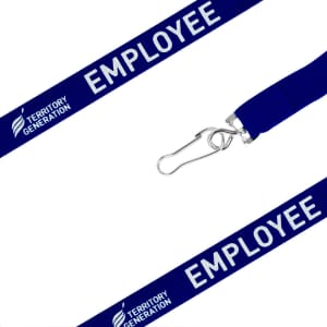 A blue ribbed lanyard with a metal clip and a logo, featuring the word "EMPLOYEE" printed on it.