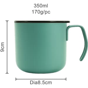 A green stainless steel insulated mug with a black lid, measuring 9cm in height and 8.5cm in diameter.