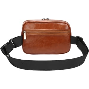 A brown polyurethane fanny pack with a black adjustable strap and a zippered front pocket.