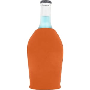 A drink bottle covered in an orange cooler with a zipper, featuring a clear bottle interior and capped top.