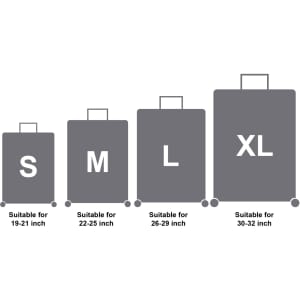 A graphic displaying suitcase cover sizes: Small, Medium, Large, and Extra Large, indicating suitable luggage dimensions.