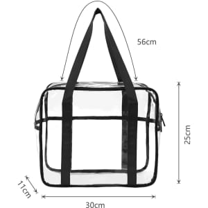 A clear tote hand bag with black accents, featuring two sturdy handles and zipper closure. Dimensions are 56cm x 30cm x 25cm.