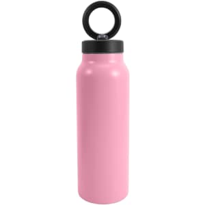 A drink bottle in pink stainless steel with a black magnetic phone holder on the cap and a logo.