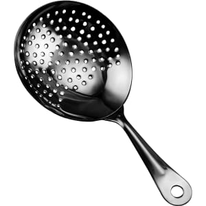 A black cocktail strainer with a perforated bowl and a long handle, featuring a simple design and polished finish.