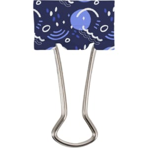 A binder clip with a blue and patterned design, featuring a metal clasp for securing papers.