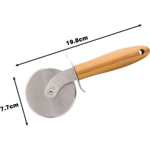 A pizza cutter wheel with a stainless steel blade and a hand-carved wooden handle, featuring a natural wood finish.