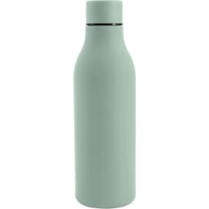 A drink bottle in mint green with a thermal rubber coating and a sleek design. It features a logo on the side.