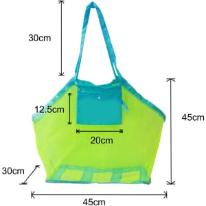 A mesh beach toy bag in bright yellow and aqua, featuring a pocket and adjustable straps, measuring 45cm by 30cm.