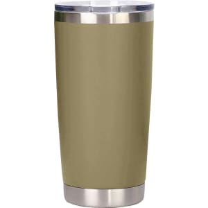 A drink bottle featuring a recycled stainless steel double wall design in olive green with a metal rim and lid.