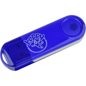 A transparent blue swivel flash drive with a circular end and an engraved logo on the surface.