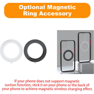 A magnetic ring accessory in white and black, designed to enhance wireless charging for phones. Features a logo.