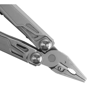 A multi-tool with silver stainless steel finish and pliers, featuring a sleek design and ergonomic handles.