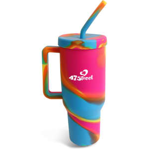 A drink bottle featuring a vibrant pink, blue, and yellow swirl design with a handle and a straw, including a logo.
