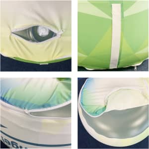 An inflatable ottoman in green and white with a drink bottle pocket and zipper detail. It has a logo or branding.