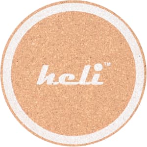 A round, natural cork coaster with a light design and a logo in the centre.