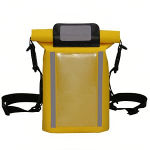 A waterproof crossbody handlebar bag in bright yellow with reflective strips and adjustable straps. It features a clear front pocket.