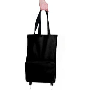 A black collapsible shopping trolley bag with handles, featuring a large main compartment and a smaller front pocket.