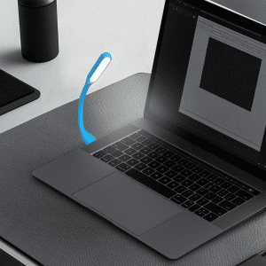 A blue flexible light is positioned next to a laptop on a flat surface, highlighting the keyboard area.