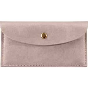 A pink PU leather glasses pouch with a snap closure and a subtle texture, featuring a small logo.