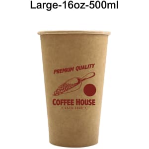 A large, brown compostable kraft paper cup with a logo and a graphic of coffee beans.