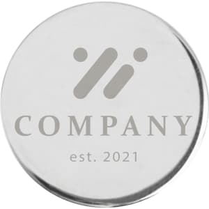 A silver 25mm golf ball marker featuring a simple design and a logo.