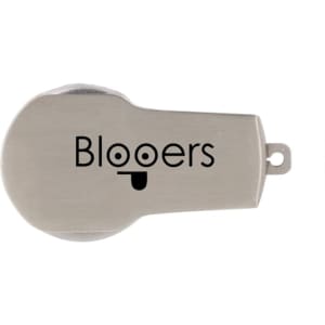 A silver flash drive with a quirky design and a brand logo on the surface.