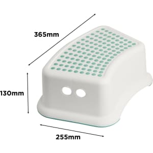 A white step stool with a textured surface, featuring a logo and measuring 365mm x 255mm x 130mm.