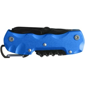 A blue multifunction pocket knife with a black handle and a carabiner clip, featuring various tools and a sleek design.