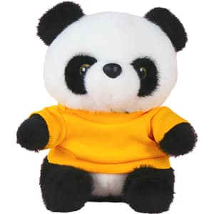 A plush toy of a panda wearing a bright yellow shirt, featuring black and white fur accents.