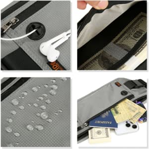 A grey fanny pack featuring RFID blocking, a mesh pocket, headphone access, and water-resistant material.