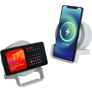 A white night light speaker with a wireless charger, displaying a calendar on one side and a charging phone on the other.