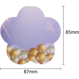 A flower-shaped sticky note in pastel purple with a design of gold and white bubbles at the bottom.
