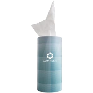 A cylindrical tissue dispenser in light blue with a logo, featuring soft white tissues protruding from the top.