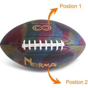 A holographic glowing American football in multiple colours with a logo on its surface.