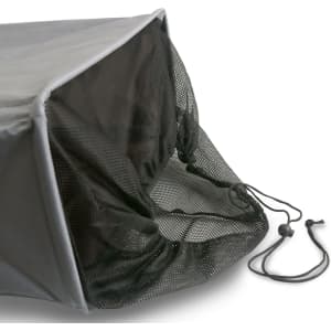 A grey laundry basket with a mesh section and drawstring closure, featuring wheels for easy transport.