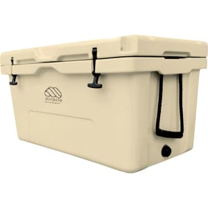 An 85L cooler box in a cream colour with clips and a strap. The product features a logo on the side.