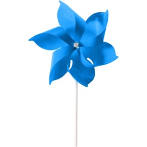 A blue six-leaf pinwheel with a white stick and a central attachment for spinning.