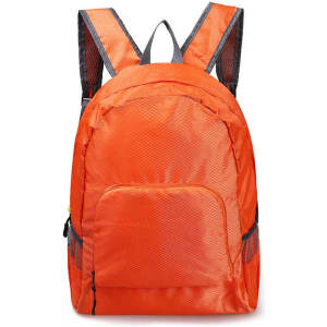 An orange backpack with a front pocket and padded shoulder straps, featuring a logo on the side.