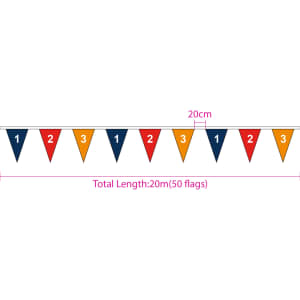 A string of 50 paper pennant flags in red, blue, and orange, measuring a total length of 20 metres.