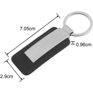 A rectangular keyring featuring black PU leather and a silver metal clip, with measurements indicated.