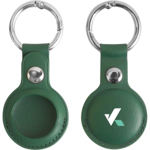 A green PU leather AirTag holder with a silver keyring and a logo on one side.