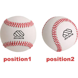 A training baseball pair with white bodies and red stitching, featuring a logo on each ball.