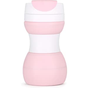 A drink bottle in pink and white, featuring a collapsible design for easy storage. It has a logo on the surface.