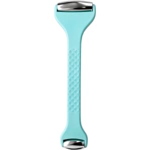 A double-headed ice massager roller in light blue with silver accents and a textured grip.