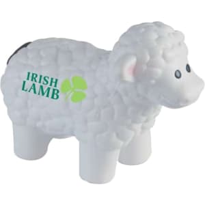 A white sheep-shaped stress reliever with a textured surface and a logo on its side.