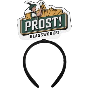 A black headband with a custom foam topper featuring a character holding a beer and the word "PROST!" above.